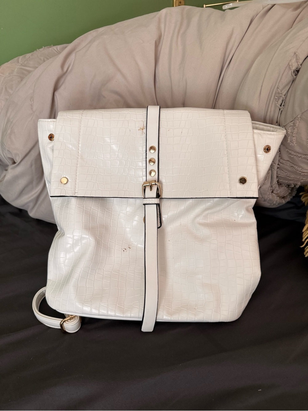 White Croc-Embossed Women's Backpack with Buckle Strap